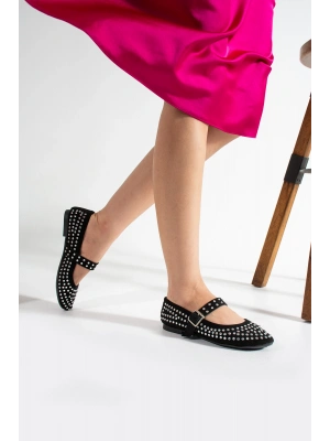 Siyah Süet Yuvarlak Burunlu Ortapedik Taşlı Baretli Düz Tabanlı Babet