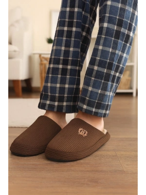 Unisex Nakışlı Kadife Fitilli Desen Rahat Yumuşak Tabanlı İçi Kürklü Terlik