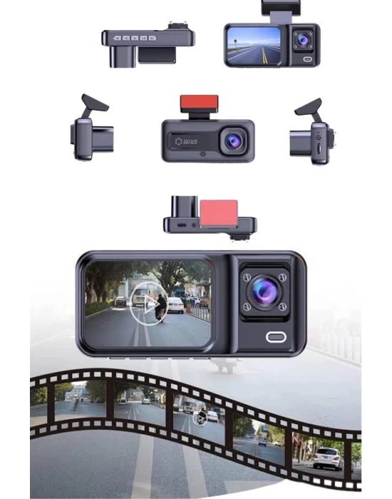 1080P 3 Lensli WİFİ Araç İçi Kameralı Ekran DVR Kaydedici Gece Görüşlü