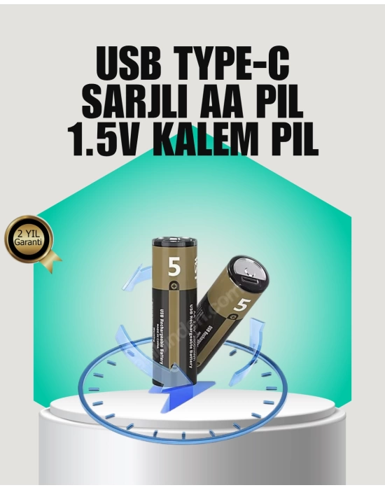 1.5V AA Şarjlı Lityum Pil | 1000+ Kez Şarj Edilebilir | Hızlı Type-C Şarj (2 Adet)