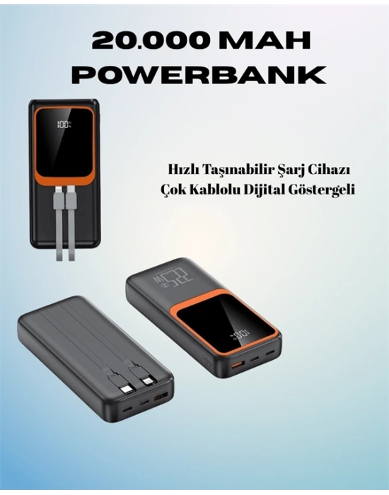 20000 mAh Powerbank | Çok Kablolu, Dijital Göstergeli, Yüksek Hızlı Şarj Cihazı