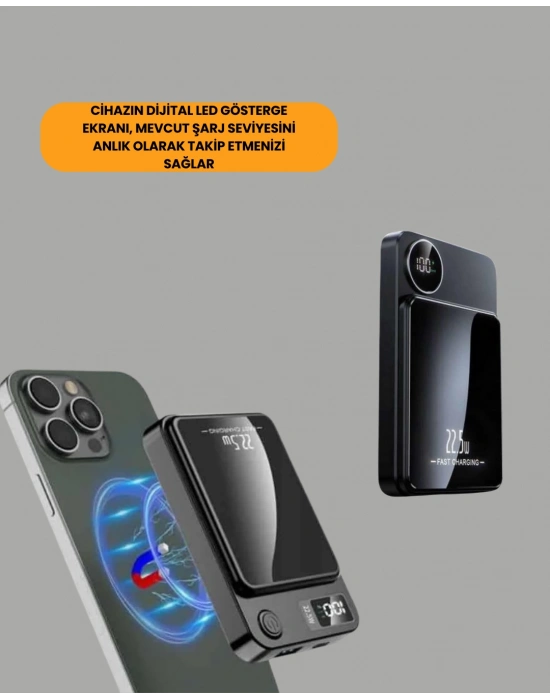 20W PD ve 15W Manyetik Kablosuz Şarj Destekli Taşınabilir Powerbank