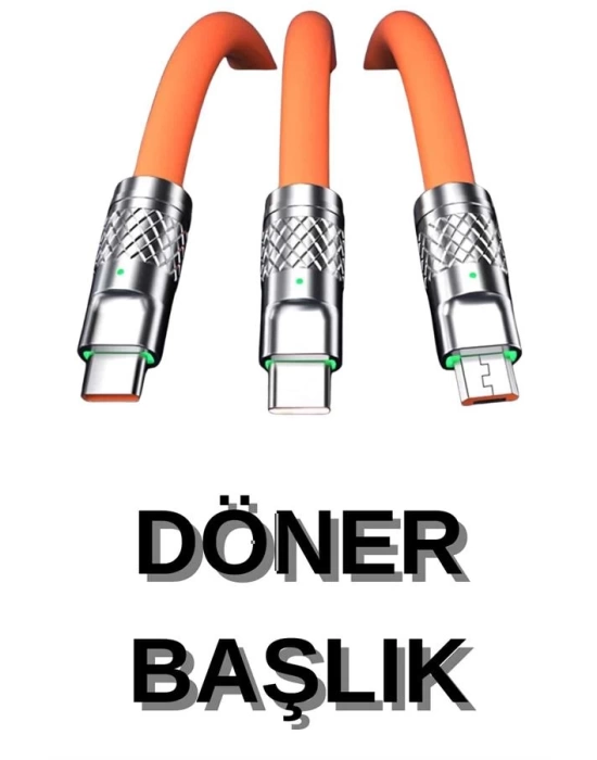 3 İn 1 Süper Hızlı Şarj Kablosu Android ve İOS Uyumlu Silikon Şarj Kablosu