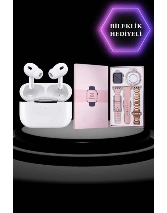 3 Kordonlu Pembe Amoled Ekran Akıllı Saat ve Yeni Nesil Pro Kablosuz Bluetooth Kulaklık ANC/ENC