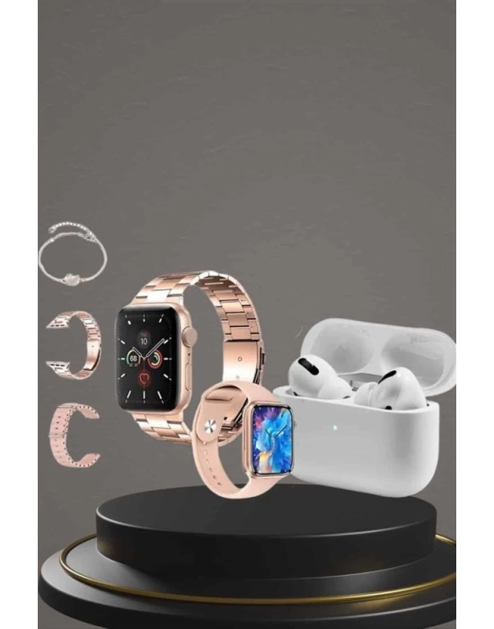 3 Kordonlu Pembe Amoled Ekran Akıllı Saat ve Yeni Nesil Pro Kablosuz Bluetooth Kulaklık ANC/ENC