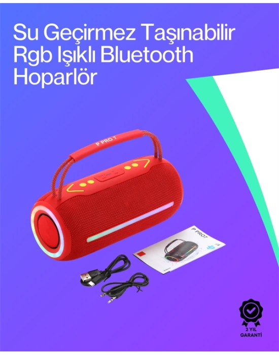 360 RGB LEDli Taşınabilir Bluetooth Hoparlör – Kırmızı, USB/TF Destekli