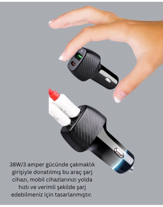 38W Çift Çıkışlı Araç Şarj Cihazı – Type-C ve USB PD Destekli