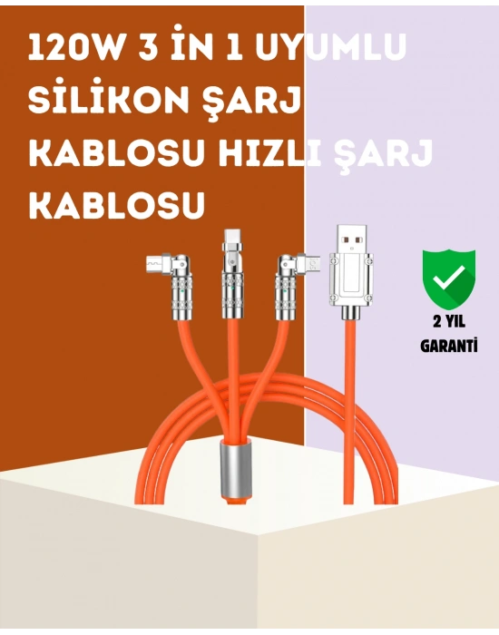 3’ü 1 Arada Kablo – 120W Hızlı Şarj ve Veri Aktarımı Özellikli