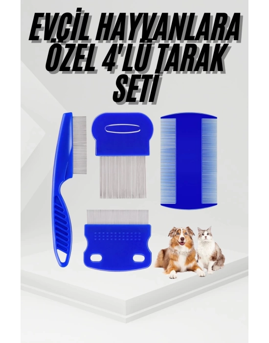 4lü Bit Pire Tarağı Set Kedi Köpek Evcil Hayvan Tüy Toplayıcı Mavi