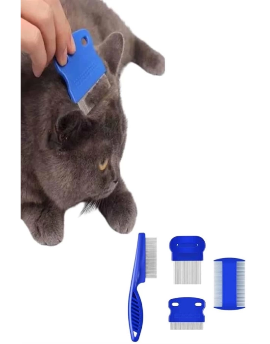 4lü Bit Pire Tarağı Set Kedi Köpek Evcil Hayvan Tüy Toplayıcı Mavi