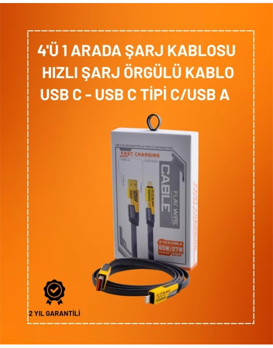 4ü 1 Arada USB Hızlı Şarj ve Veri Kablosu – 65W Güç, Çoklu Bağlantı, 1.2m