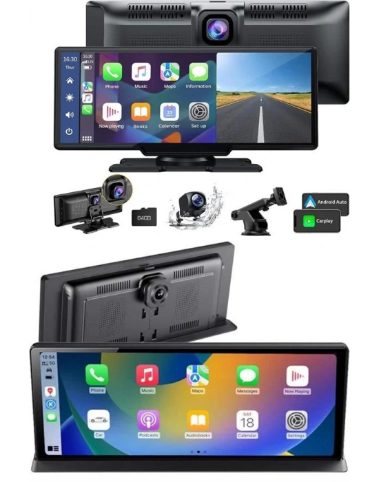 4K 10.2 İnç Çift Kameralı Araç Multimedya Ekranı CarPlay Kablosuz Tüm Cihazlara Uyumlu