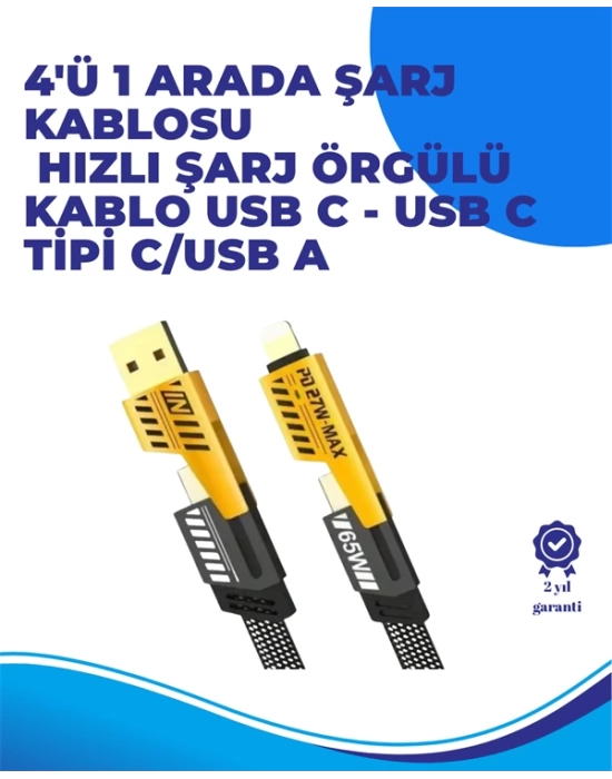 65W 4ü 1 Arada Çoklu Şarj Kablosu – USB-C, USB-A, Lightning, Veri ve Şarj Desteği