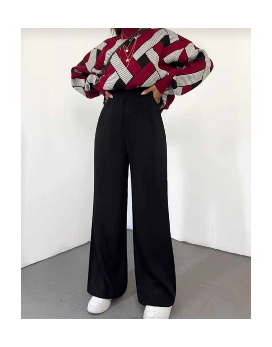 Kadın kışlık rahat kalıp bol paça comfort beli lastikli triko pantolon