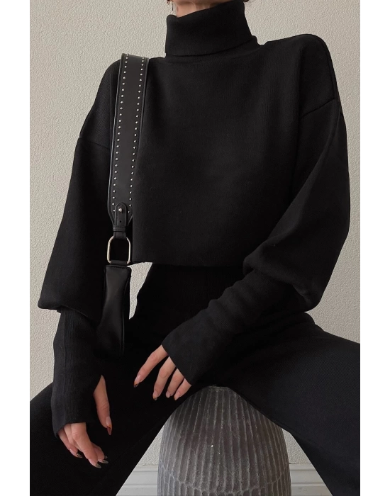 Triko Crop Pantolon Takım Siyah