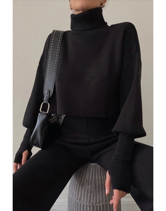 Triko Crop Pantolon Takım Siyah