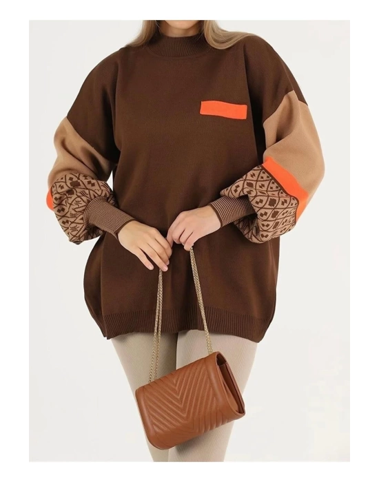Kadın Kolu Etnik Desen Triko Kazak