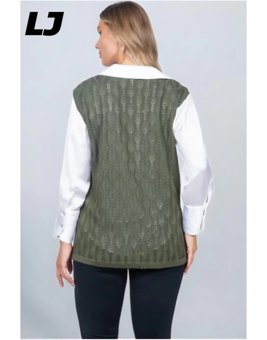Kadın Orta Yaş Ve Üzeri Triko Örgü Düğmeli Koyu Haki Anne Yeleği