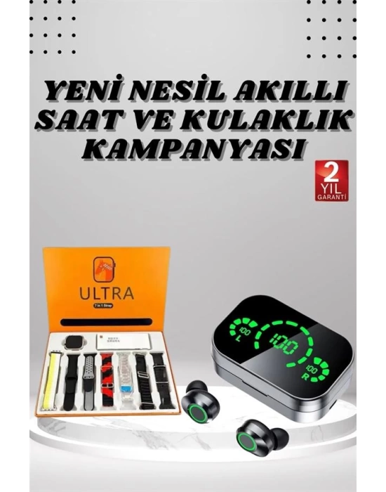 7 Kordonlu Akıllı Saat Ve Aynalı Bluetooth Kulaklık Powerbank Dijital Göstergeli