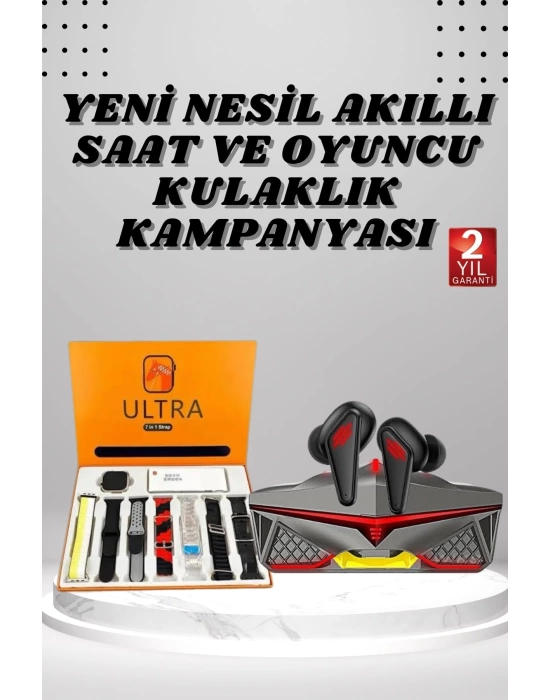7 Kordonlu Akıllı Saat Ve Oyuncu Kulaklığı Bluetooth Bağlantılı Android ve İOS Uyumlu