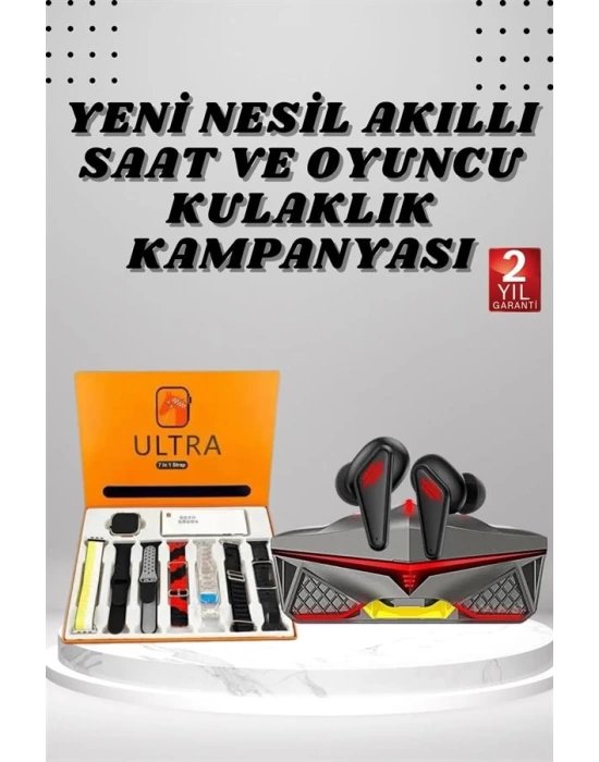 7 Kordonlu Akıllı Saat Ve Oyuncu Kulaklığı Bluetooth Bağlantılı Android ve İOS Uyumlu
