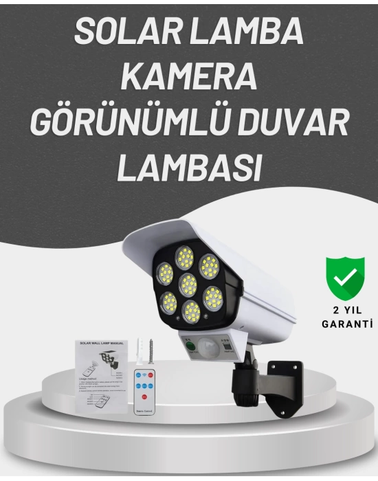 77 LEDli Güneş Enerjili Güvenlik Lambası ve Kukla Kamera – Hareket Sensörlü, 2400mAh Pilli