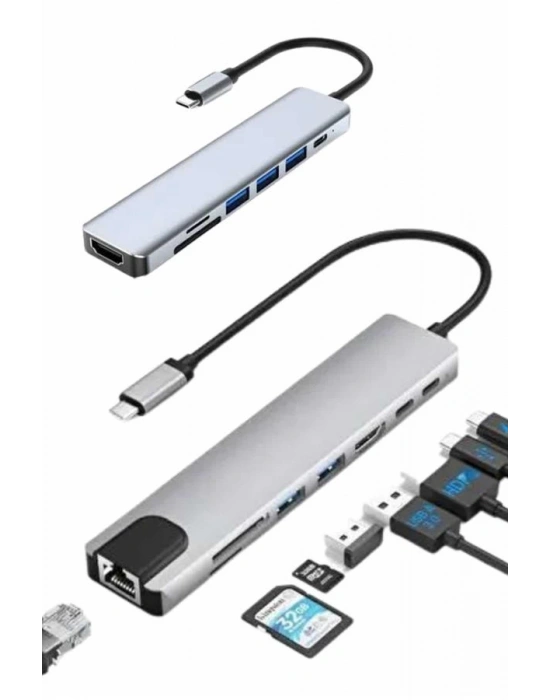 8 Port Çoklayıcı Macbook Ile Uyumlu Çoğaltıcı Type-C dönüştürücü TF SD kart