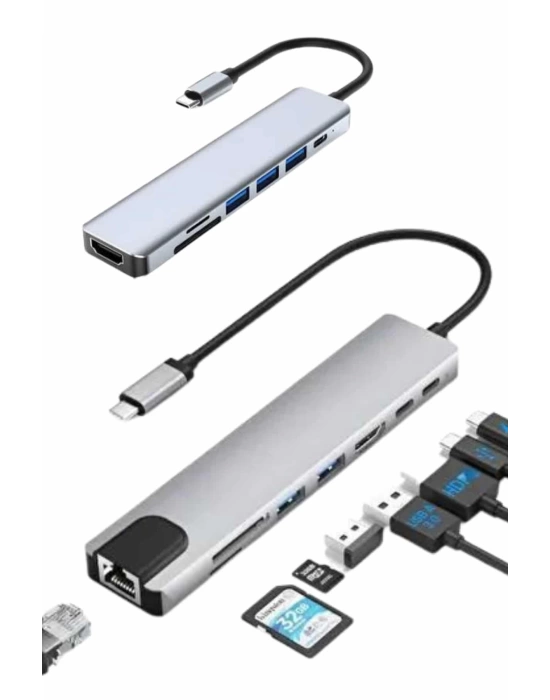 8 Port Çoklayıcı Macbook Ile Uyumlu Çoğaltıcı Type-C dönüştürücü TF SD kart