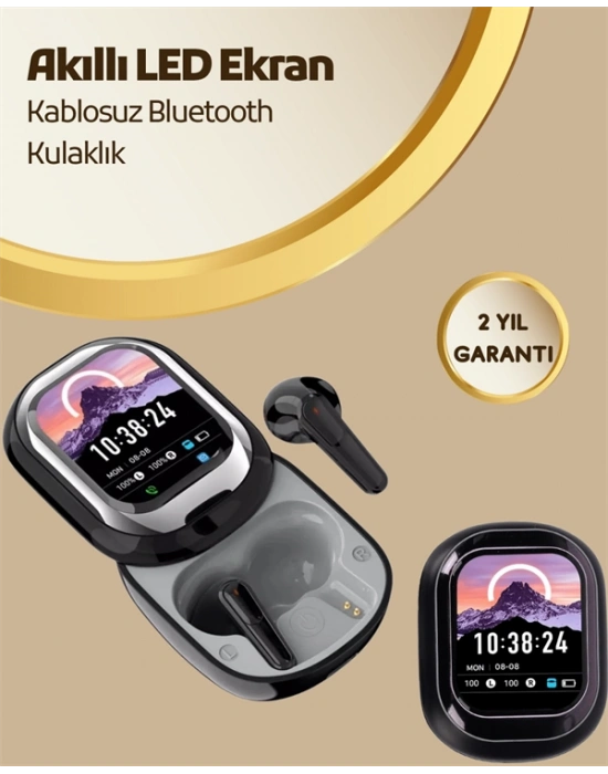 Akıllı Ekranlı Bluetooth 5.4 Kablosuz Kulaklık – Dokunmatik ve Şarj Kutulu