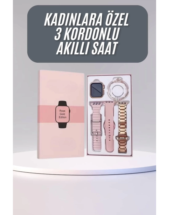 Akıllı Saat 3 Kordonlu Ve Aksesuarlı Bayanlar Için Şık Rose renk