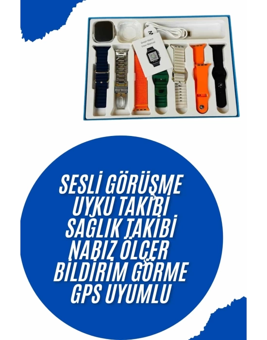 Akıllı Saat 7 Kordon Hediyeli Takvim Alarm Nabız Ölçer Bildirim Görme Sesli Görüşme