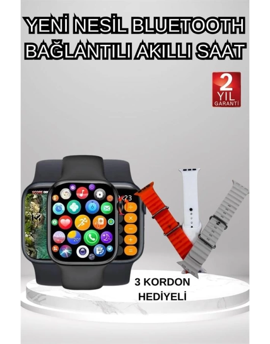 Akıllı Saat Arama Görüşme Bildirim Görme Uyku ve Sağlık Takibi Nabız Ölçer 3 Kordon Hediyeli