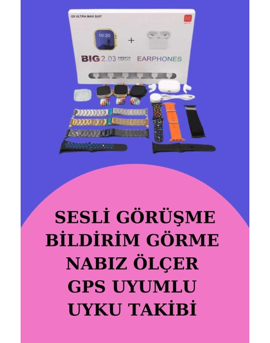 Akıllı Saat Bluetooth Kulaklık Hediyeli Bildirim Görme Sesli Görüşme Çoklu Kordon