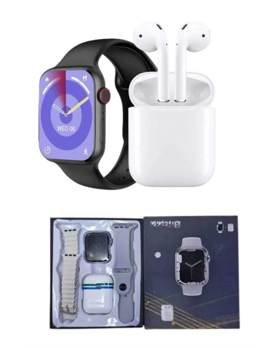 Akıllı Saat Gümüş Kasa Bluetooth Kulaklık Hediyeli Çok Fonksiyonlu İkili Set
