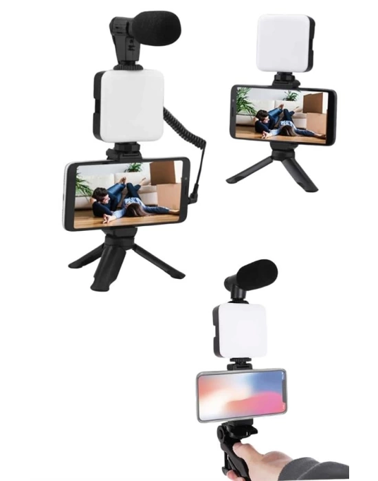 Akıllı Telefon Vlog Kiti Tripod Mini Mikrofonlu Telefon Tutucu