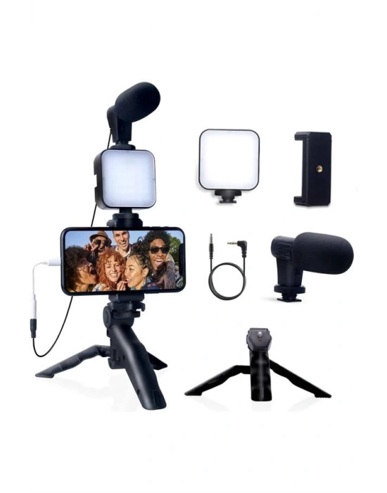 Akıllı Telefon Vlog Kiti Tripod Mini Mikrofonlu Telefon Tutucu