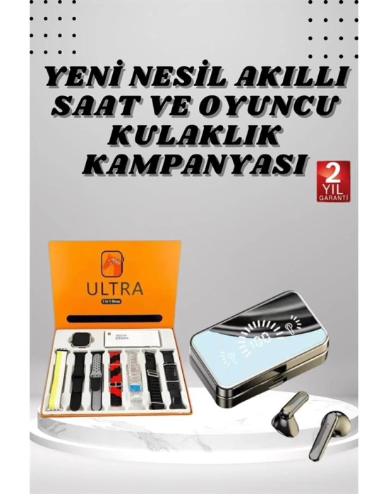 Aynalı Bluetooth Kulaklık ve 7 Kordonlu Akıllı Saat Dijital Göstergeli Uzun Pil Ömrü