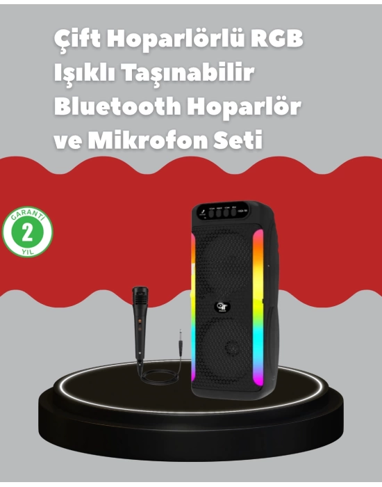Çift 4 inç Hoparlörlü RGB Işıklı Bluetooth Ses Sistemi