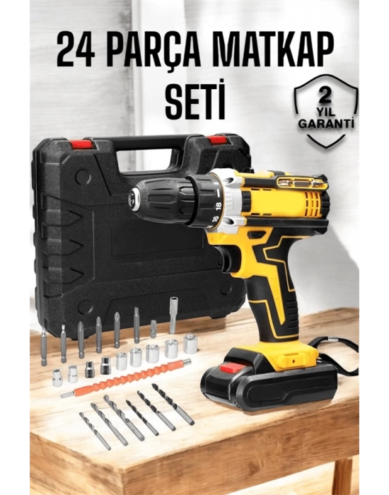 Çift Bataryalı Metal Dişli Darbeli Şarjlı Matkap Seti 24W Güç ve 24 Parça Aksesuar