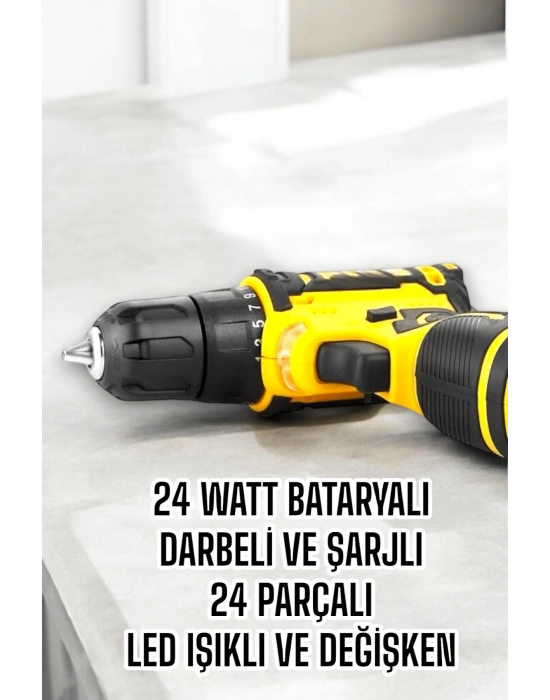 Çift Bataryalı Metal Dişli Darbeli Şarjlı Matkap Seti 24W Güç ve 24 Parça Aksesuar