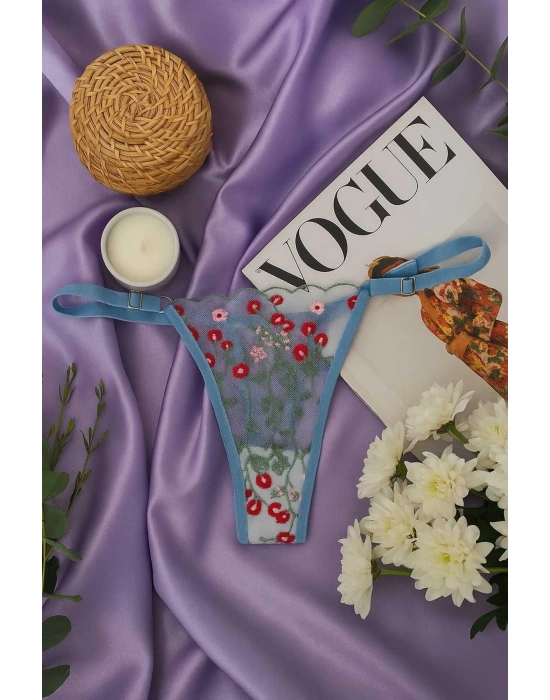 Dantel İşlemeli Çiçek Desenli Transparan Bralet & Tanga Takım - Mavi