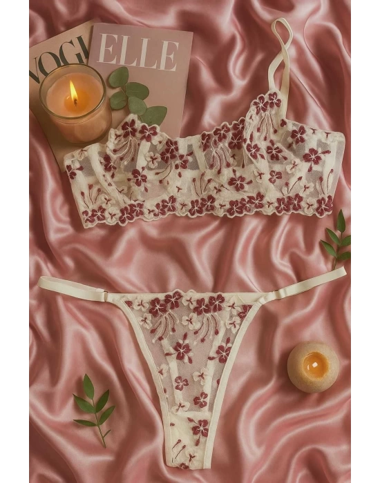 Dantel İşlemeli Transparan Çiçek Desenli Bralet ve String Takım