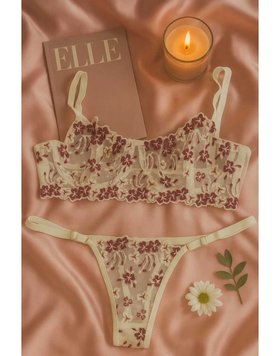 Dantel İşlemeli Transparan Çiçek Desenli Bralet ve String Takım