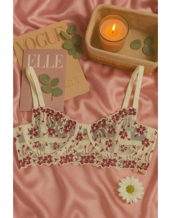 Dantel İşlemeli Transparan Çiçek Desenli Bralet ve String Takım