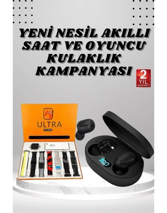 Dijital Göstergeli Kulaklık ve 7 Kordonlu Akıllı Saat Android ve İOS Uyumlu Uyku Takibi Sesli Görüşme