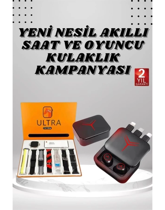 Dijital Göstergeli Powerbank Kablosuz Kulaklık ve 7 Kordonlu Yeni Nesil Akıllı Saat Dokunmatik Kontrol
