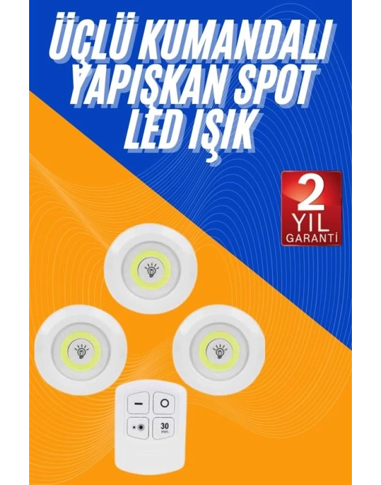 Dolap Işığı Mutfak Rafı Işığı Uzaktan Kumandalı 3 Lü Spot Led Lamba
