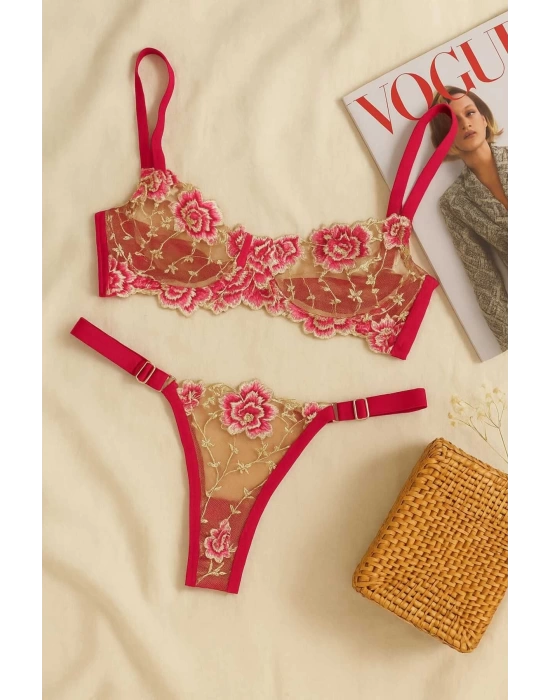 Fuşya Çiçek İşlemeli Transparan Bralet ve Tanga Takım