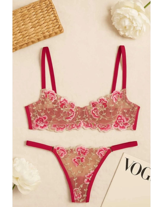 Fuşya Çiçek İşlemeli Transparan Bralet ve Tanga Takım