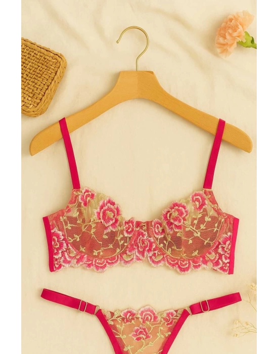 Fuşya Çiçek İşlemeli Transparan Bralet ve Tanga Takım